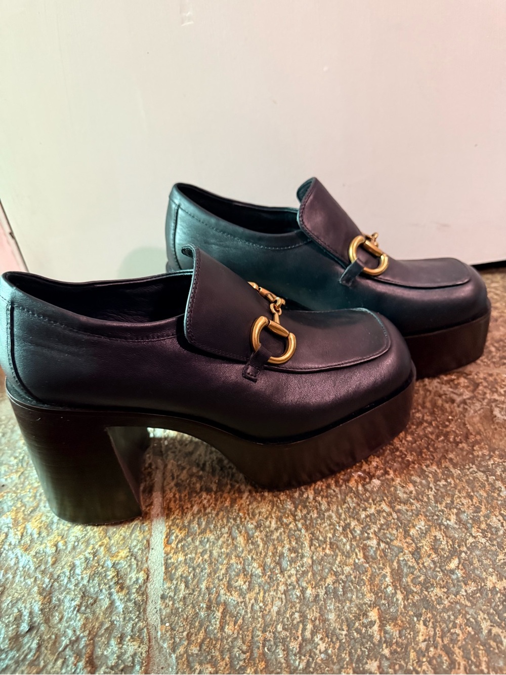 Jeffrey Campbell Black Leather Platform Loafers with Gold Bit - Picture 8 of 9
